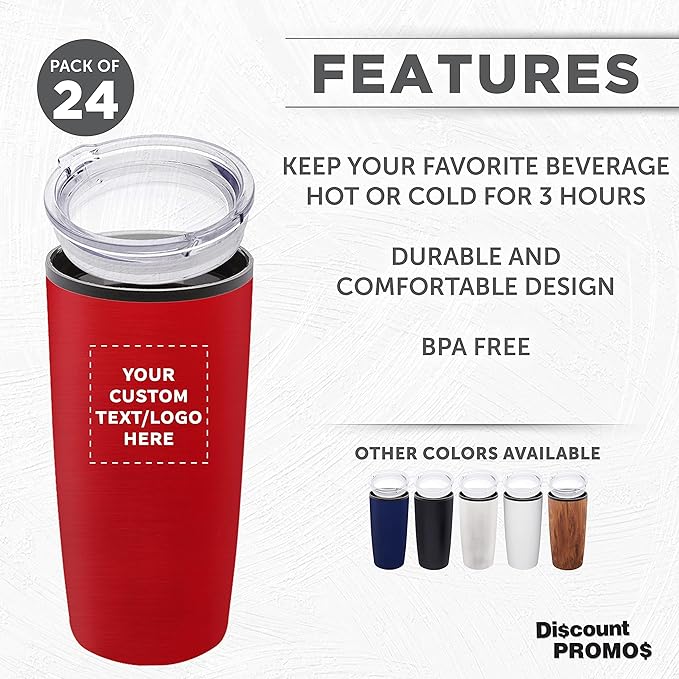 Custom Plastic Tumblers 20 oz. Set of 24, Personalized Bulk Pack - With lids, Ice Coffee Tumbler, To Go Cup, Insulated - Red