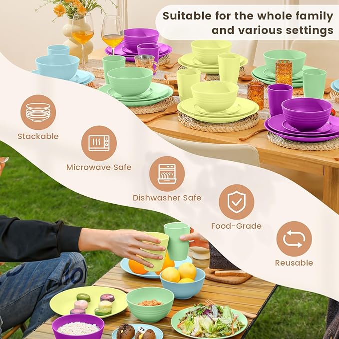 Homienly 40-Piece Kichen Dinnerware Set, Wheat Straw Dinnerware Set, Plates, Bowls, Drinking Cups, Service for 8, Dishwasher & Microwave Safe Dish Set, Unbreakable Plates and Bowls Set - Memphis
