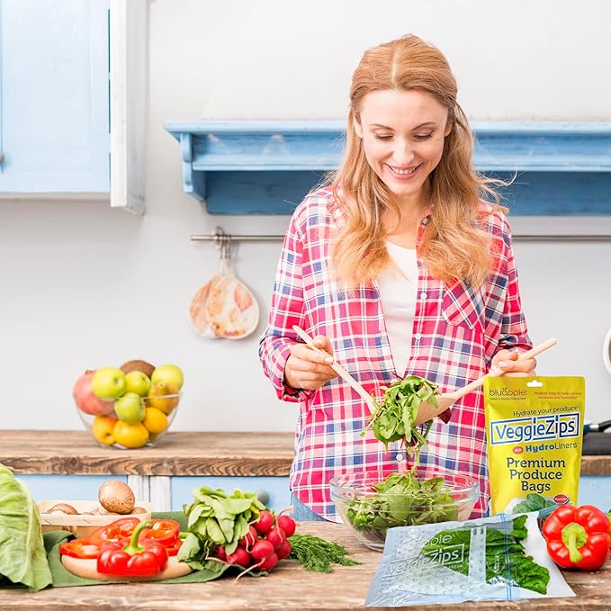 Bluapple VeggieZips Premium Produce Storage System - 40 Piece Set, 20 Food Saver Bags + 20 HydroLiners, Keep Produce Fresh Longer, Washable & Reusable Bags with Humidity Control for Fruit & Vegetables