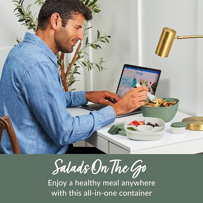 Bentgo Salad Container - 54 oz Bowl with 4-Compartment Toppings Tray, Leak-Proof Dressing Container, Reusable Fork, BPA-Free Lunch Box for Meal Prep & Food Storage; Removable Bento Tray (Khaki Green)