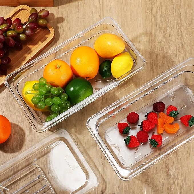 Sunnyray 6 Set 1/3 Size Polycarbonate Food Pans with Lids and Drain Shelf Clear Square Food Storage Containers for Kitchen Restaurant Fruit Vegetable Food Container and Storage (4 Inch Deep)