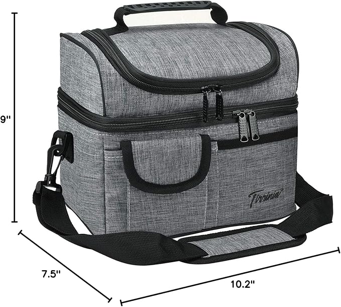 Tirrinia Reusable Lunch Box for Men Women, Insulated Lunch Bag Adult Work, Double Decker Leakproof Lunchbox for Office Picnic Beach—Dual Compartment Lunch Cooler Bag,Dark Gray