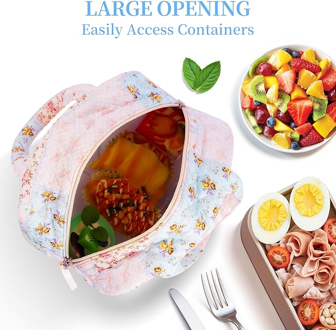 Quilted Lunch Box for Women,Insulated Cute Reusable Lunch Bag with Front Pocket,Pink Flower Stylish Lunch Tote Bag for Work, Office,Picnic, Travel,School (coloful floral)