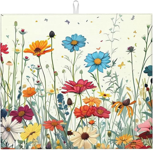 Butterfly Flowers Dish Drying Mat 16x18 Inch, Microfiber Absorbent Fast Dry Mat Daisy Floral Large Dish Mat Drying Kitchen Mat, Kitchen Drying Pad for Kitchen Counter Coffee Bar Decor Gifts