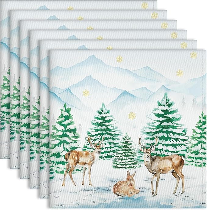 Winter Pine Tree Napkins, 18×18 Inch Woodland Deer Dinner Cloth Napkins Set of 6, Washable Cotton Soft Absorbent Square Napkins for Dining Kitchen Party Wedding Decoration