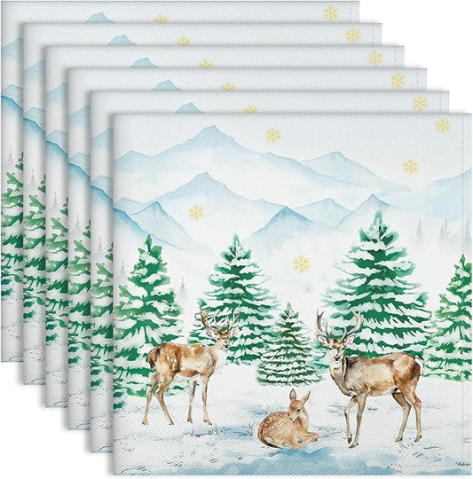 Winter Pine Tree Napkins, 18×18 Inch Woodland Deer Dinner Cloth Napkins Set of 6, Washable Cotton Soft Absorbent Square Napkins for Dining Kitchen Party Wedding Decoration