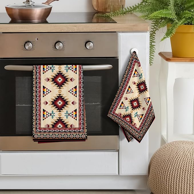 Western Aztec Boho Kitchen Towel Set of 2, Southwestern Native American Decorative Dish Towels Absorbent Red Vintage Hand Drying Cloth Holiday Housewarming Gifts Aztec Kitchen Decor 16"x24"