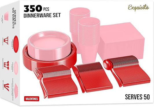 Party Solids 350 Pieces Valentines Plastic Plates For Party, Valentines Disposable Plates Set, 50 Of Each 9" Dinner Plate Set, 7" Dessert Plate, Cups, Napkins & Cutlery Plastic Dinnerware