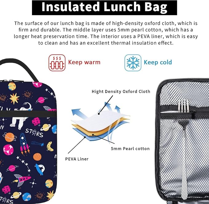 Planet Astronaut Lunch Bag for Women Men Kids Insulated Reusable Lightweight Lunch Box with Water Bottle Holder Suitable for Girls Boys Space Lunch Box (Universe)