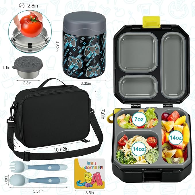 Bento Lunch Box for Kids with 12oz Soup Thermo Leak-Proof Lunch Food Container with 5 Compartment Thermo Hot Food Jar and Insulated Lunch Bag for Kid Toddler Girls Boys to School