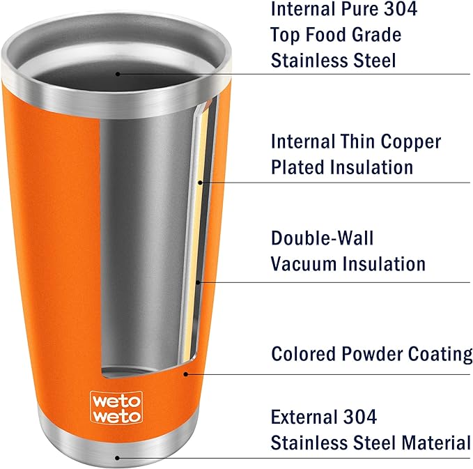 WETOWETO 20oz Tumbler with 2 lids and 2 straws, Stainless Steel Vacuum Insulated Water Coffee Tumbler Cup, Double Wall Powder Coated Spill-Proof Travel Mug Thermal Cup (Orange, 1 Pack)