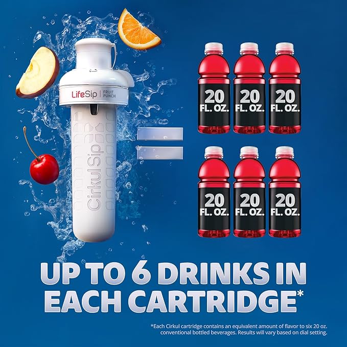 Cirkul 22oz. BPA-Free Plastic Water Bottle Starter Kit with Blue Lid, 2 Flavor Cartridges (1 LifeSip Fruit Punch, 1 FitSip Mixed Berry) No Sugar, Zero Calorie Drink Mix