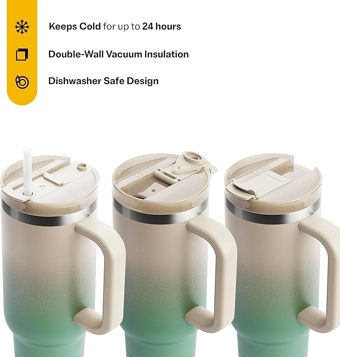 RTIC 40 oz Road Trip Tumbler Double-Walled Cermaic Lined Insulated Stainless Steel Portable Travel Coffee Mug Cup with Lid, Handle and Straw, Sage Ombre