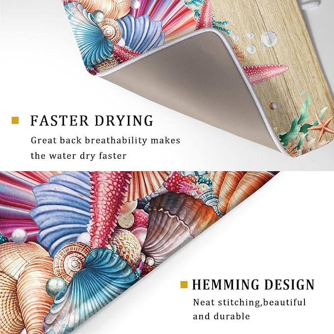 Summer Beach Dish Drying Mat - Seashells Starfish Absorbent Drying Matt Kitchen Counter for Home Decor