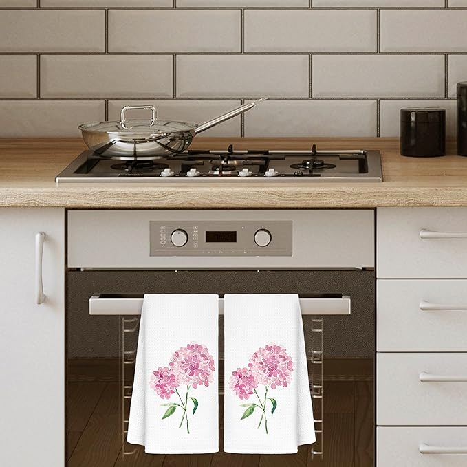 Pink Hydrangea Flowers Floral Kitchen Towels Set of 2 - Flowers Decorative Hand Towels for Bathroom, Pink Hydrangea Decor Dish Towels for Kitchen, Floral Hand Towels, 16x24