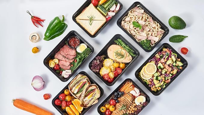 32 oz 50Pack Plastic Meal Prep Food Storage Containers with Lids Reusable 1 Compartment To Go Lunch Box Black Extra Large &Thick Microwave Freezer Safe BPA Free Stackable (Formerly FULING)