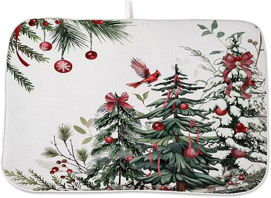Christmas Dish Drying Mat 18 x 24 inch Winter Christmas Tree Pine Trees Decorative Drying Mats Microfiber Absorbent Xmas Decor Dish Washable Draining Mat for Kitchen Counter