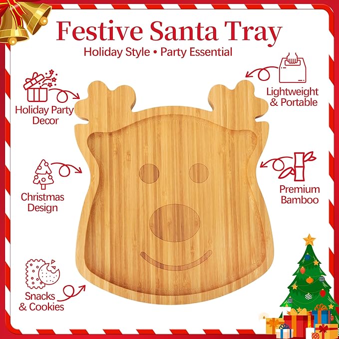 TJ POP Christmas Bamboo Serving Tray – Reindeer Shape – Wooden Holiday Platter for Snacks, Fruits & Candy – Christmas Farmhouse Table Decor