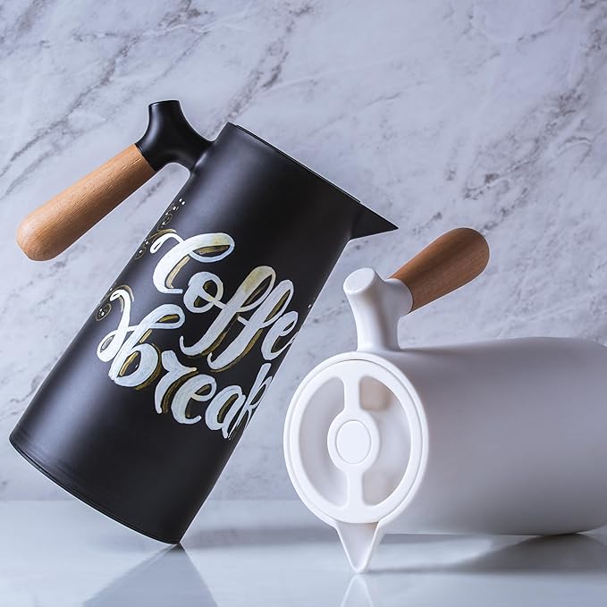 WOLFF - Thermal Coffee Carafe - 34oz / 1L Insulated Plastic Exterior Carafe for Hot or Cold Drinks - Leakproof Coffee and Tea Dispenser with Wood-like Handle and Glass Liner - Black, 34floz/1L