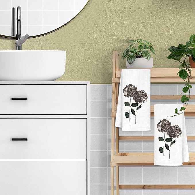 Black Hydrangea Flowers Floral Kitchen Towels Set of 2, Hydrangea Decorative Hand Towels for Bathroom Decor Dish Towels for Kitchen, Black and White Towels, Hydrangea Gifts, 16x24 inch