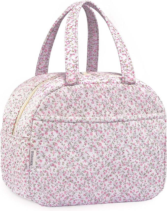 Quilted Lunch Box for Women,Insulated Cute Reusable Lunch Bag with Front Pocket,Pink Flower Stylish Lunch Tote Bag for Work, Office,Picnic, Travel,School (pink floral)