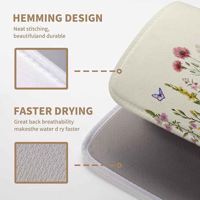 Spring Dish Drying Mat Summer Floral Flowers Kitchen Dish Drying Pad Absorbent Dish Dryer Mat for Kitchen Countertops Microfiber Dishes Drainer Pad Dish Drying Rack Mat (18x24 in)