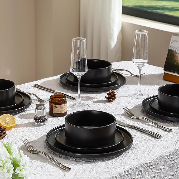 GZG Classic Series - Plates and Bowls Set for 6, 18 Piece Stoneware Dinnerware Sets, Microwave and Dishwasher Safe Lead-Free Handcrafted Ceramic Dishes Set - Matte Black