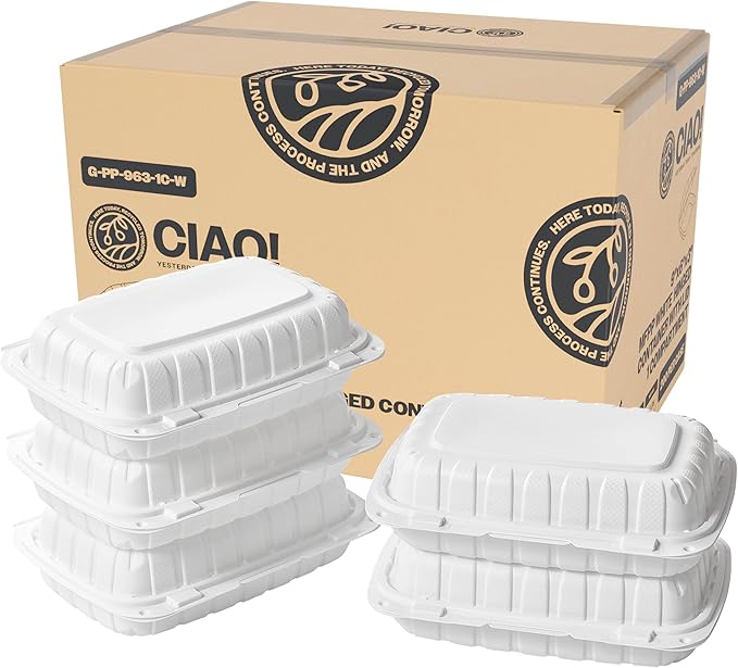 CIAO! 9"x6"x3" MFPP White Hinged Container With Lid 1 Compartment (Case of 200)