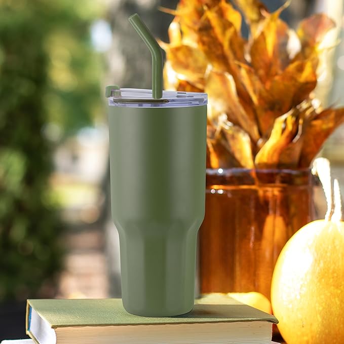 VEGOND 30 oz Insulated Stainless Steel Tumblers with lid and straw Bulk Pack Coffee Mug with Non-Slip Silicone Base, Sweat Proof Powder Coated Cup for Hot Cold Drinks, Army Green 4Pack