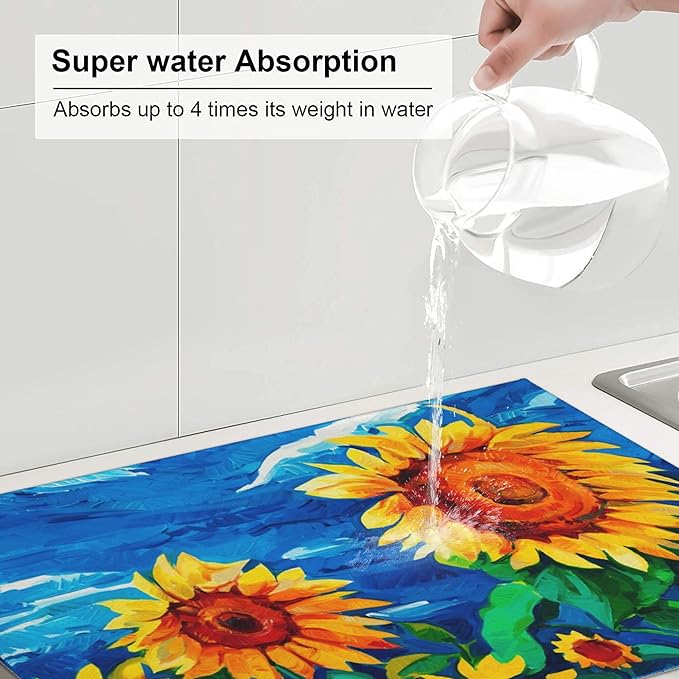Sunflower Dish Drying Mat for Kitchen Counter Microfiber Super Absorbent Non-Slip Dish Drying Pad for Countertops Dishes Utensils Stylish Quick-Dry Machine Washable 18x24 Inch