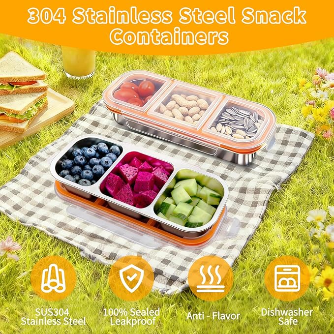 3 Pack 304 Stainless Steel Snack Containers, Reusable Leek Proof Metal Lunch Box with 3 Compartment, Food Storage Containers for Home, Work, Travel