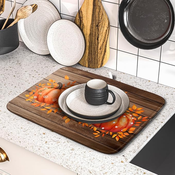 Autumn Pumpkin Dish Drying Mat Rustic Wood Dish Drainer Mats Fast Dry Microfiber Reversible Dish Drying Pad Kitchen Decoration 16x18 inch
