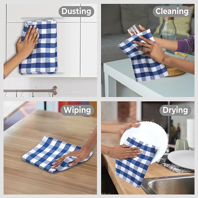 Urban Villa Kitchen Towels Set of 6 Buffalo Checks Blue/White Kitchen Towels 20X30 Inches 100% Cotton Highly Absorbent Kitchen Towels Premium Quality Ultra Soft Mitered Corners KitchenTowels