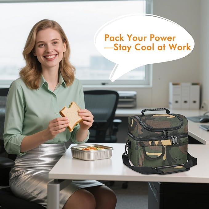 Tirrinia Reusable Lunch Box for Men Women, Insulated Lunch Bag Adult Work, Double Decker Leakproof Lunchbox for Office Picnic Beach—Dual Compartment Lunch Cooler Bag,Camo
