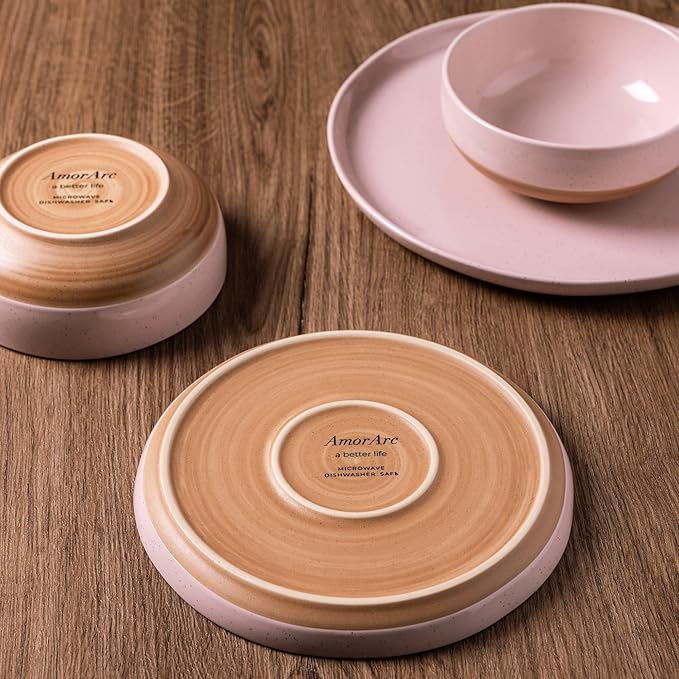 AmorArc Ceramic Dinnerware Sets for 8, 24 Pieces Handpainted Speckled Plates and Bowls Set with Rustic Terracotta Underside, Scratch Resistant Stoneware Dishes Set, Dishwasher & Microwave Safe, Pink