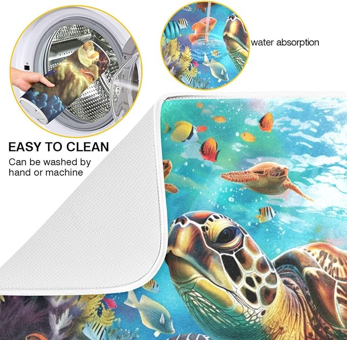 Sea Turtle Coral Fish Dish Drying Mat for Kitchen Counter Super Absorbent Dishes Pad Reversible Microfiber Protector Dish Draining Mats 16x18 inch