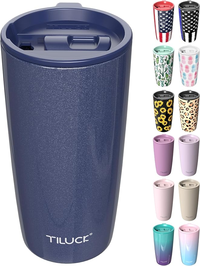 TILUCK 20 oz Tumbler with Leak-Proof Lid, Vacuum Insulated Stainless Steel Coffee Mug, Double-Walled Travel Tumbler for Hot and Cold Drinks(GlitterNavy, 20oz)