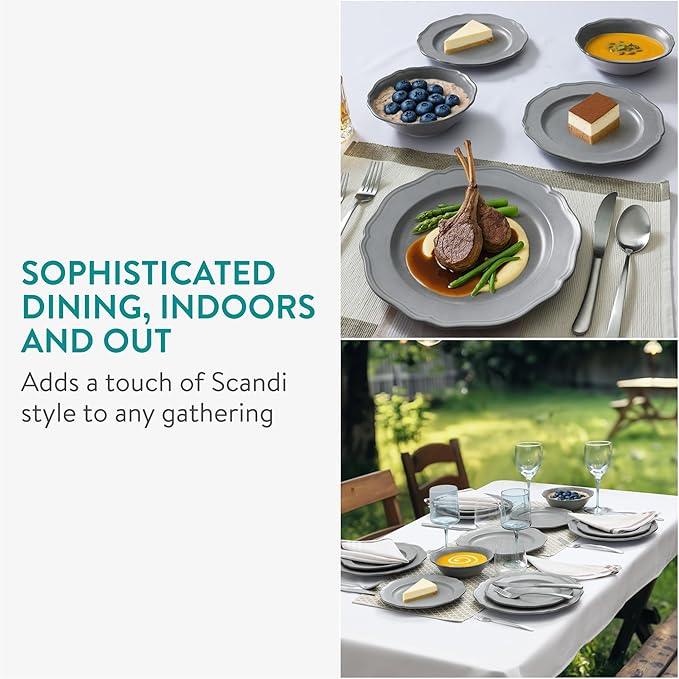 Navaris Scandi Style Porcelain Dinnerware Set - Ceramic Crockery Sets for 4 - Stackable Dishes with Dinner and Salad Plates Cereal Bowls - Dishwasher & Microwave Safe - 12pcs Grey