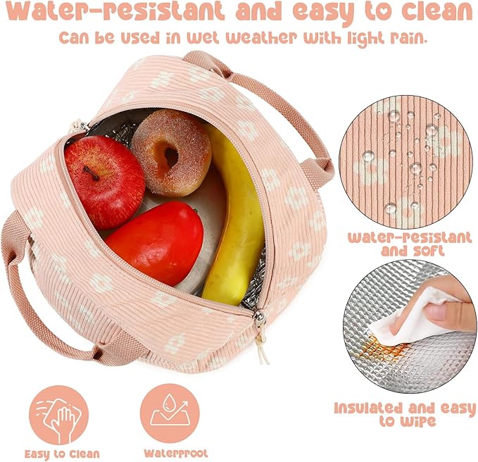 Bluboon Lunch Bag for Women Men Cute Corduroy Lunch Tote Bags Reusable Insulated Lunch Box Large Capacity Reusable Insulated Cooler for Work Picnic or Travel