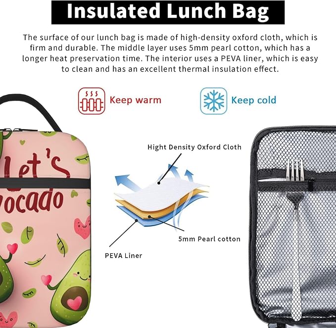 Avocado Insulated Lunch Bag for Women Men Avocado Lunch Bag for Work,Picnic,Travel,Hiking,Beach or Fishing Polyester Avocado Lunch Box