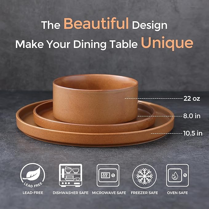 LERATIO Ceramic Dinnerware Sets for 6, High Edge Stoneware Plates and Bowls Set, Chip and Crack Resistant | Oven & Dishwasher & Microwave Safe Dishes Set, Service for 6