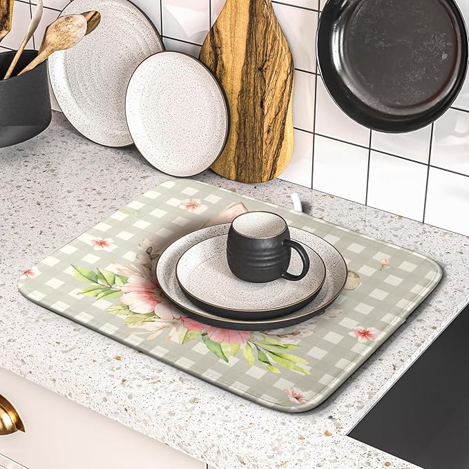 Spring Easter Dish Drying Mats for Kitchen Counter 16×18 Inch Cute Bunny Flowers Small Microfiber Drying Mat Kitchen Accessories Dish Rack Mat Drainer Pad Washable Absorbent