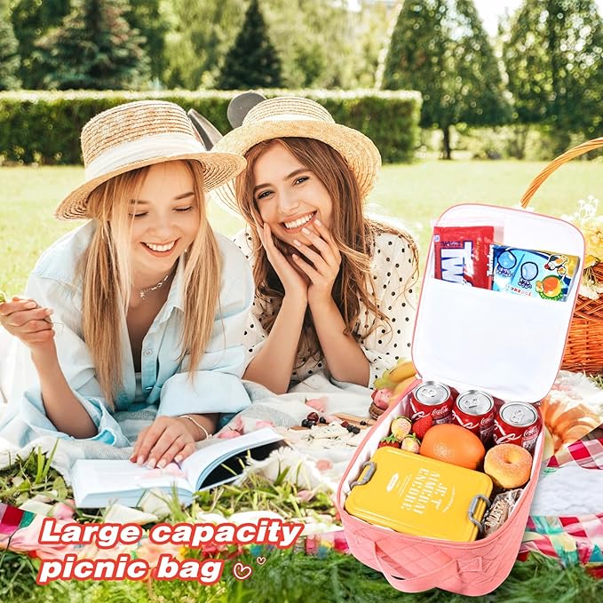 Aileam Quilted Lunch Box, Orange, Cute Girls Lunch Box, Insulated Womens Lunch Bag, Large Capacity, Reusable Insulated Cooler for Work, School, Picnic, Travel