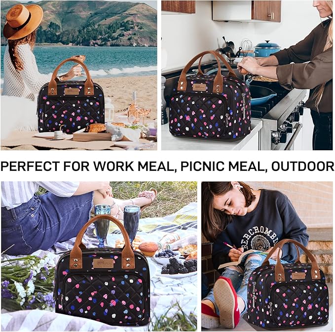 Buringer HOMESPON Lunch Bag for Woman Man Adults with Front Pocket Insulated Lunch Tote Lunch Box Container for Work Picnic or Travel（Multi Dots）