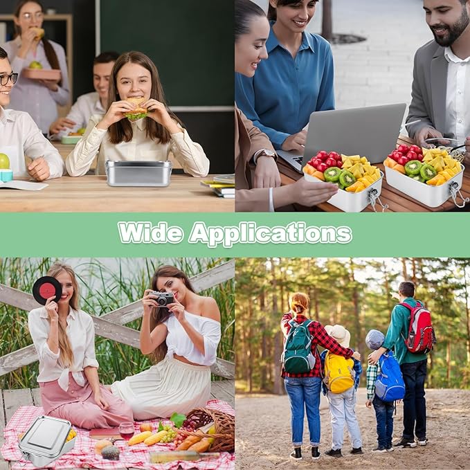 QTLCOHD 4 Pack 850ml Stainless Steel Lunch Box for Adults, 29oz Metal Bento Box with 2 Compartments, Leak-Proof Lunch Container with Lockable Clips, Metal Food Storage for Travel, Work