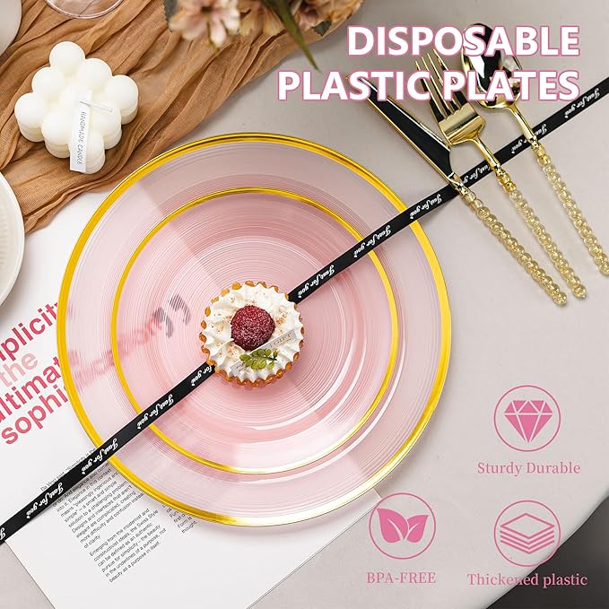120PCS Pink Plastic Plates with Gold Rim, Heavy Duty Disposable Plate, Fancy and Elegant Circular Ribbed 60 Dinner and Dessert Plates for Party, Weddings