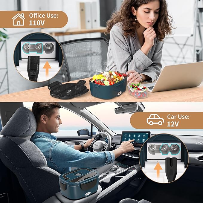 Vingud Electric Lunch Box, Heated Lunch Box for Adults with 2 Stainless Steel Container, 1.5L Portable 80W Food Warmer Lunch Boxes for Car/Truck/Work/Home