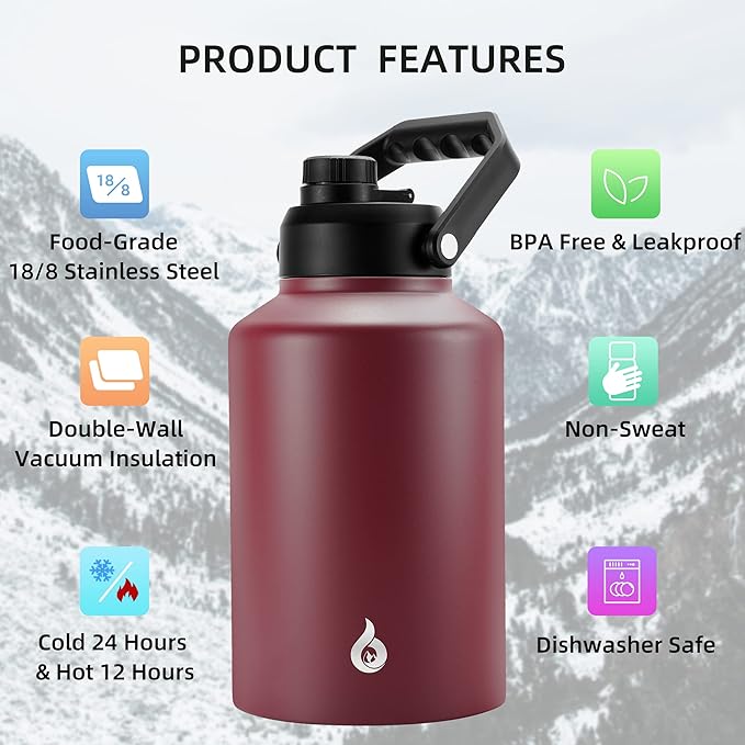 BJPKPK One Gallon(128 oz) Insulated Water Bottle, Dishwasher Safe Stainless Steel Thermo, BPA Free Jug with Ergonomic Handle & Anti-slip Bottom, Large Water Bottle, Brick Red