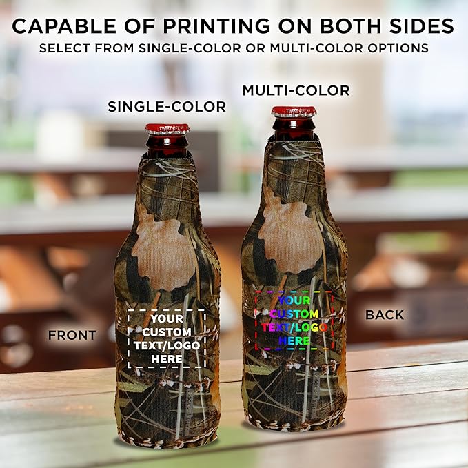 50 Neoprene Zippered Beer Bottle Coolies Pack - Customizable Text, Logo - Sharkskin Rubber Bottom - Camo4