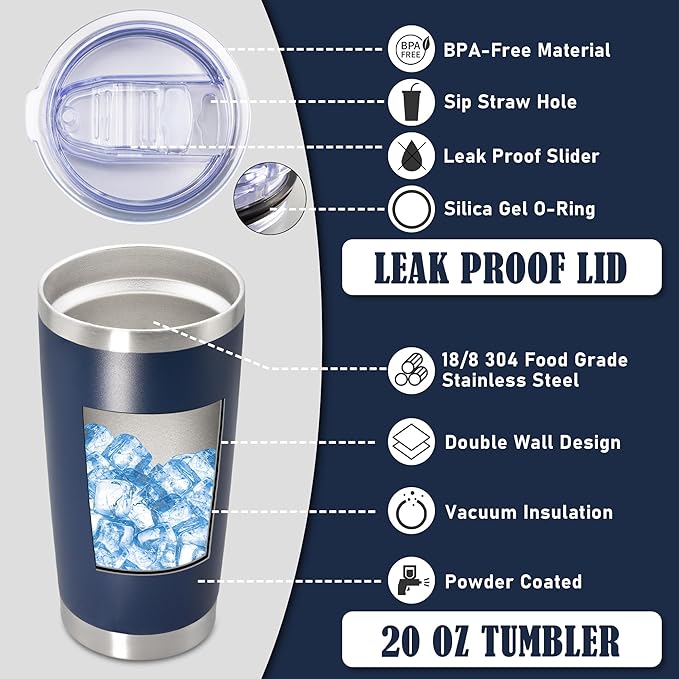 20 oz Tumbler Coffee Tavel Tumblers Bulk with Lid Stainless Steel Double Wall Vacuum Insulated Mug Powder Coated Cups fit Car Cupholder for Hot and Cold - Navy, 8Pack